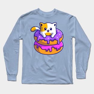 Cute Cat With Doughnut Cartoon Long Sleeve T-Shirt